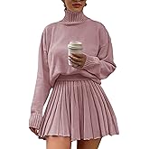 Jenisso Women's 2 Piece Outfits Turtleneck Long Sleeve Oversized Pullover Sweaters and Pleated Mini Skirt Two Piece Sets