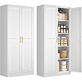 Polup 71" White Metal Kitchen Pantry Storage Cabinet with Doors and Shelves | Tall Freestanding Cupboard, 5-Tier Heavy Duty, 4 Adjustable Shelving, Gold Handles, for Garage, Dining Living Room, Office