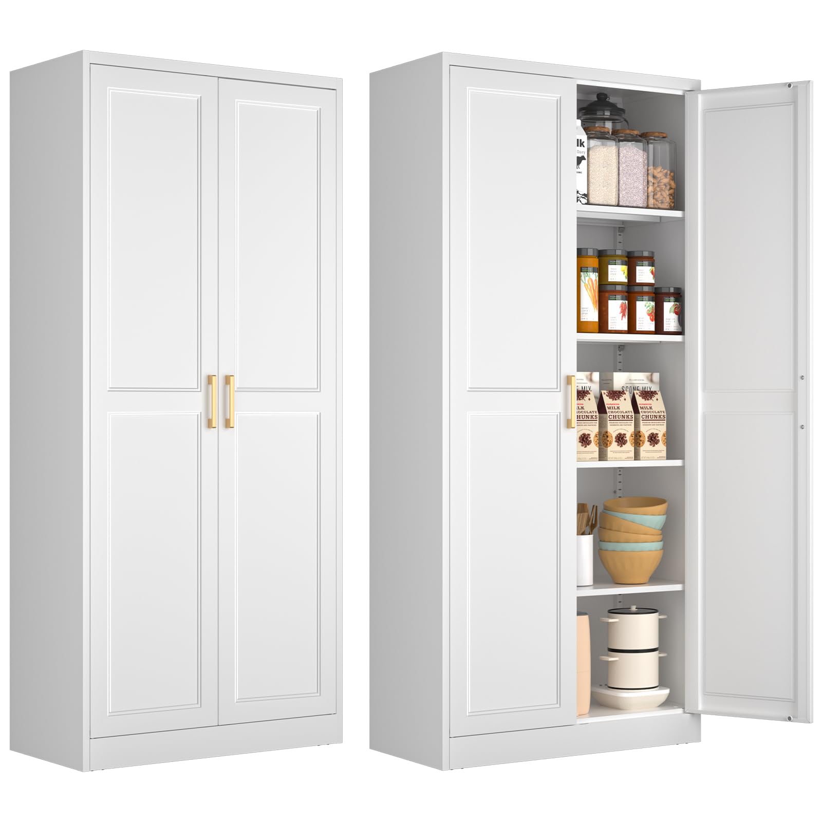 Polup White Kitchen Pantry Cabinet, 71 Inch Tall Metal Storage Cabinet with Doors and Shelves, Pantry Cabinets for Kitchen Storage, Freestanding Cupboard for Living, Dining Room, Assemble Required