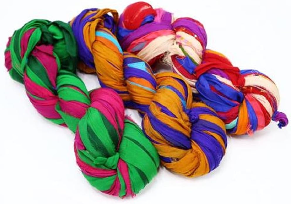 Paradise Fibers Recycled Sari Ribbon Yarn (Multi Color) - 3 Skein Bundle, 100 Grams, Approximately 25 Yards Per Skein