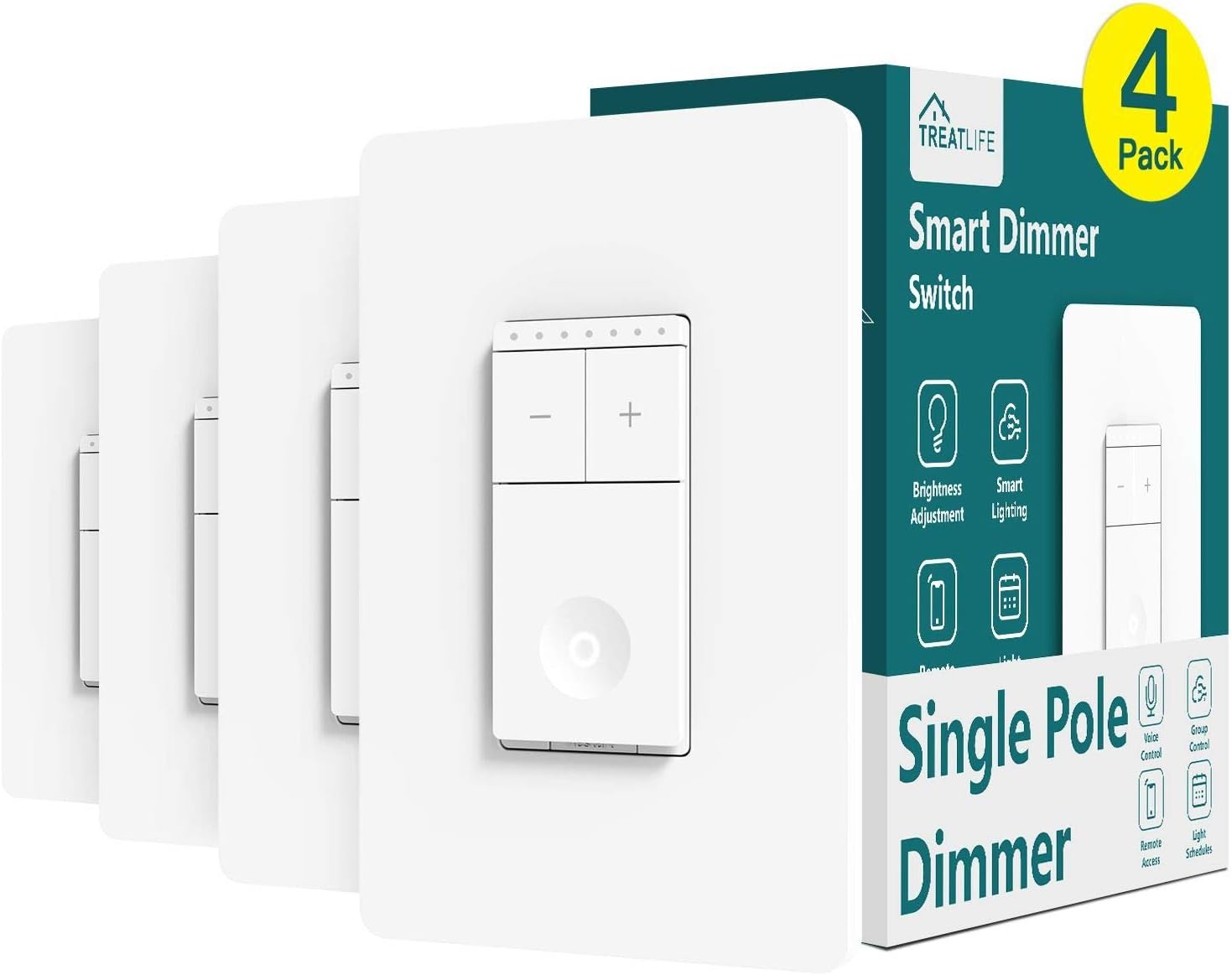 Smart Light Switch Treatlife Dimmer Light Switch, 4 Pack, Works with Alexa and Google Assistant, Neutral Wire Needed, 2.4Ghz Wi-Fi, Schedule, Remote Control, Single Pole, ETL and FCC Listed - - 