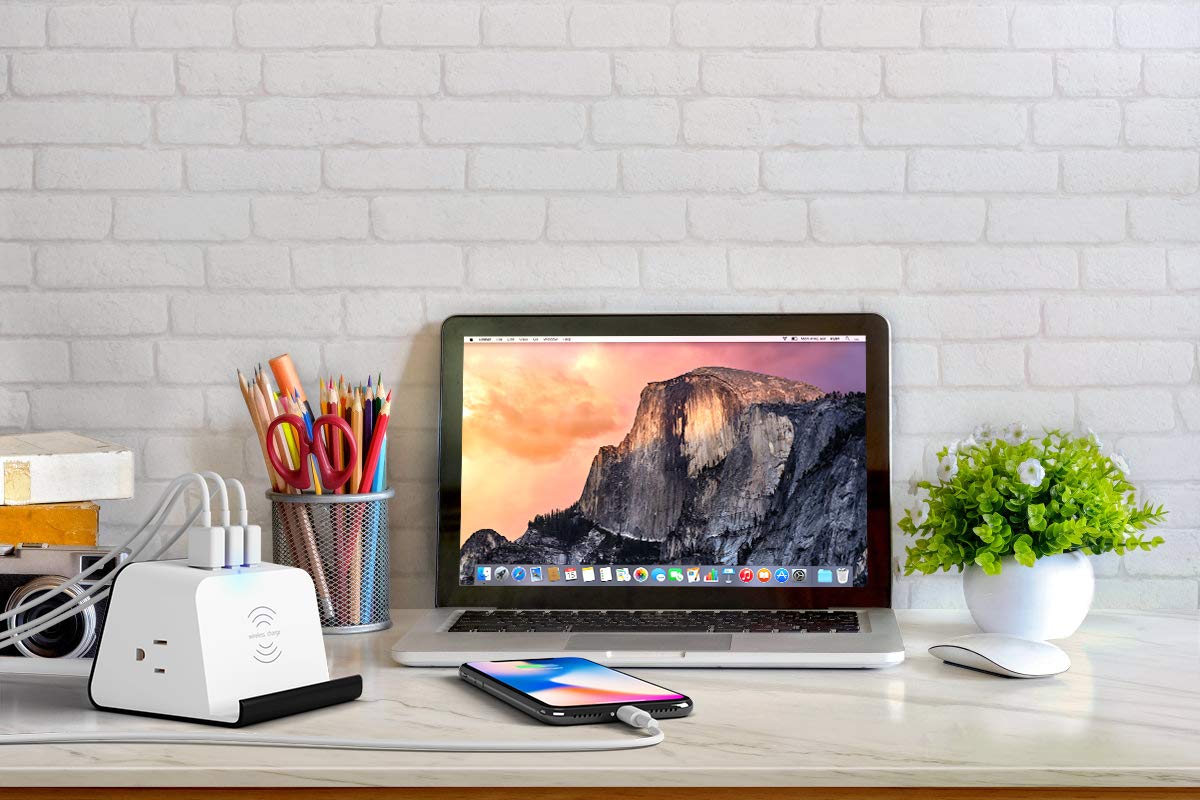 Desktop Power Socket with Wireless Charger Power Strip,2 US Plug and 3 USB Desk Outlet Charging Station Compatible with iPhone Xs, XS Max, XR, X, 8, Partial Samsung Galaxy, Qi Certified 5W