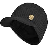 FORDALLIO Winter Visor Beanie Brimmed Baseball Cap Fleece Lined Waffle Knitted Billed Hat