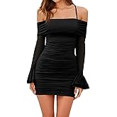 Yousify Womens Bodycon Mini Dress Y2K Ruffled Long Sleeve Halter Off Shoulder Ruched Mesh Club Cocktail Party Dresses