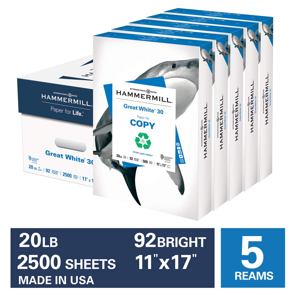 Hammermill Great White 30 Percent Recycled 20 Pound Copy Paper, 11 x 17, 5 Ream Case, 2500 Sheets, Made in USA, Sustainably Sourced From American Family Tree Farms, 92 Bright, Acid Free, Printer Paper, 086750C