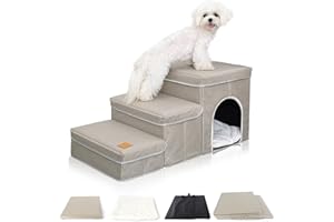 COSOWO Dog Steps with Cozy Condo and Storage Boxes, Portable & Folding Stairs for Small Dogs and Cats, Easy to Get on Bed, Couch and Sofa, Hold Up to 66 lbs 3 Steps, Beige