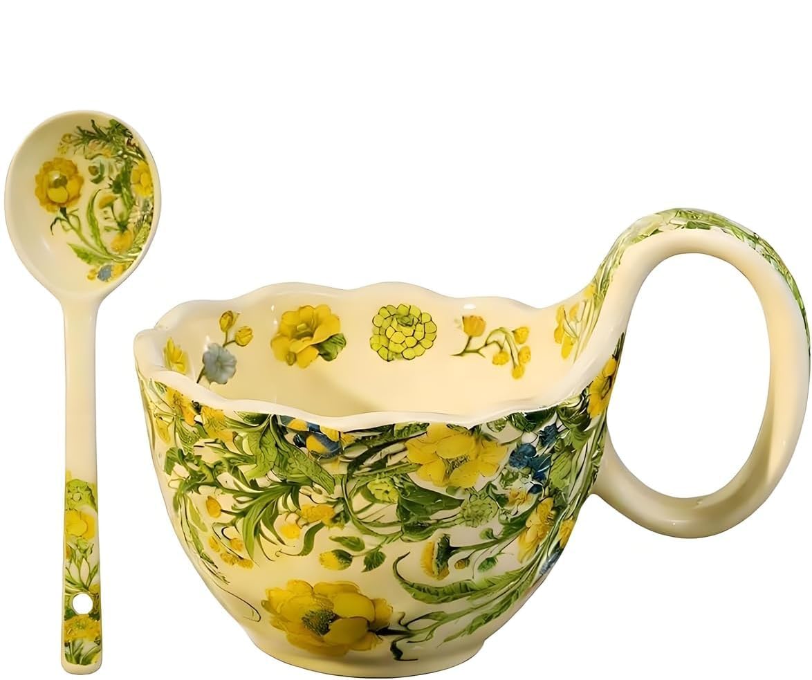Photo 1 of 17.64 Oz Microwavable Soup Bowl with Handle, Hand Painted Winter Jasmine Decorative Soup Bowls with Handles, Ceramic Soup Bowl with Spoon for Holding Fruits Cereal Snack, Chili, Ice Cream, Stew, Salsa