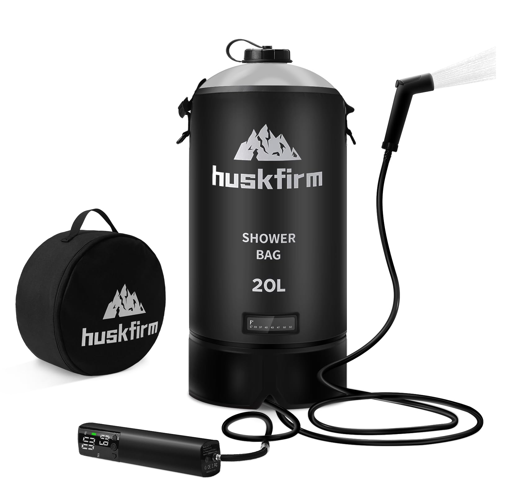 Photo 1 of Huskfirm Portable Shower,5 Gallons/20L Camping Shower Bag with Electric Air Pump,Water Level Window,Solar Shower with Hot Water,Adjustable Nozzle,Camp Shower for Beach Hiking Outdoor Camping Trip