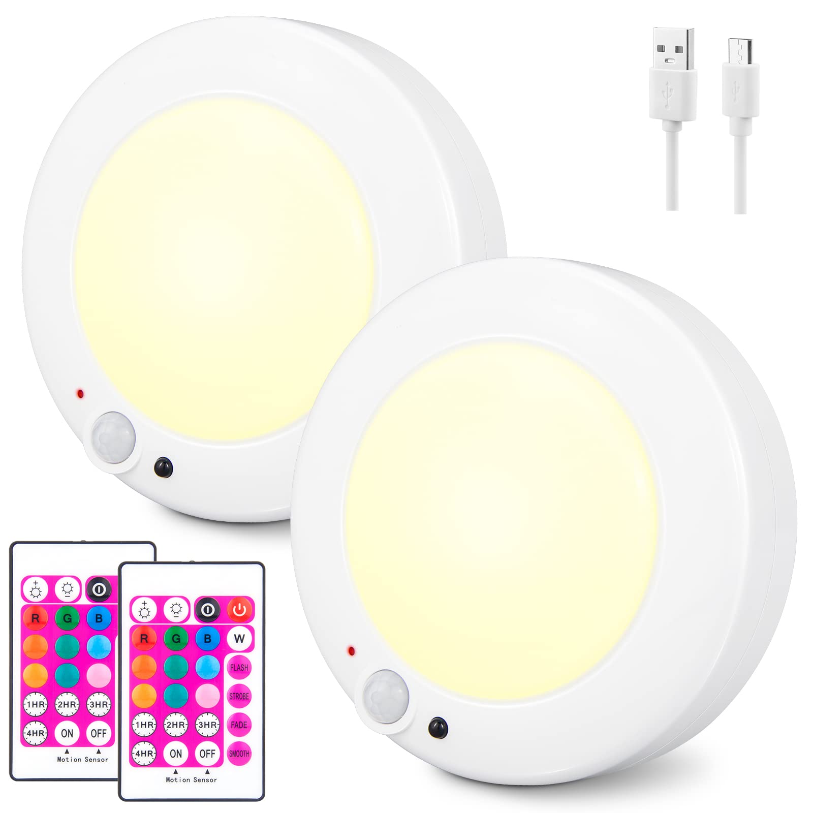 BIGMONAT Motion Sensor Wireless Ceiling Light, Rechargeable Shower Light, with Remote Dimming LED Light, Used in Closets, Pantries, Corridors, Cabinets, Bedrooms, 250LMs - White (2 Packs)