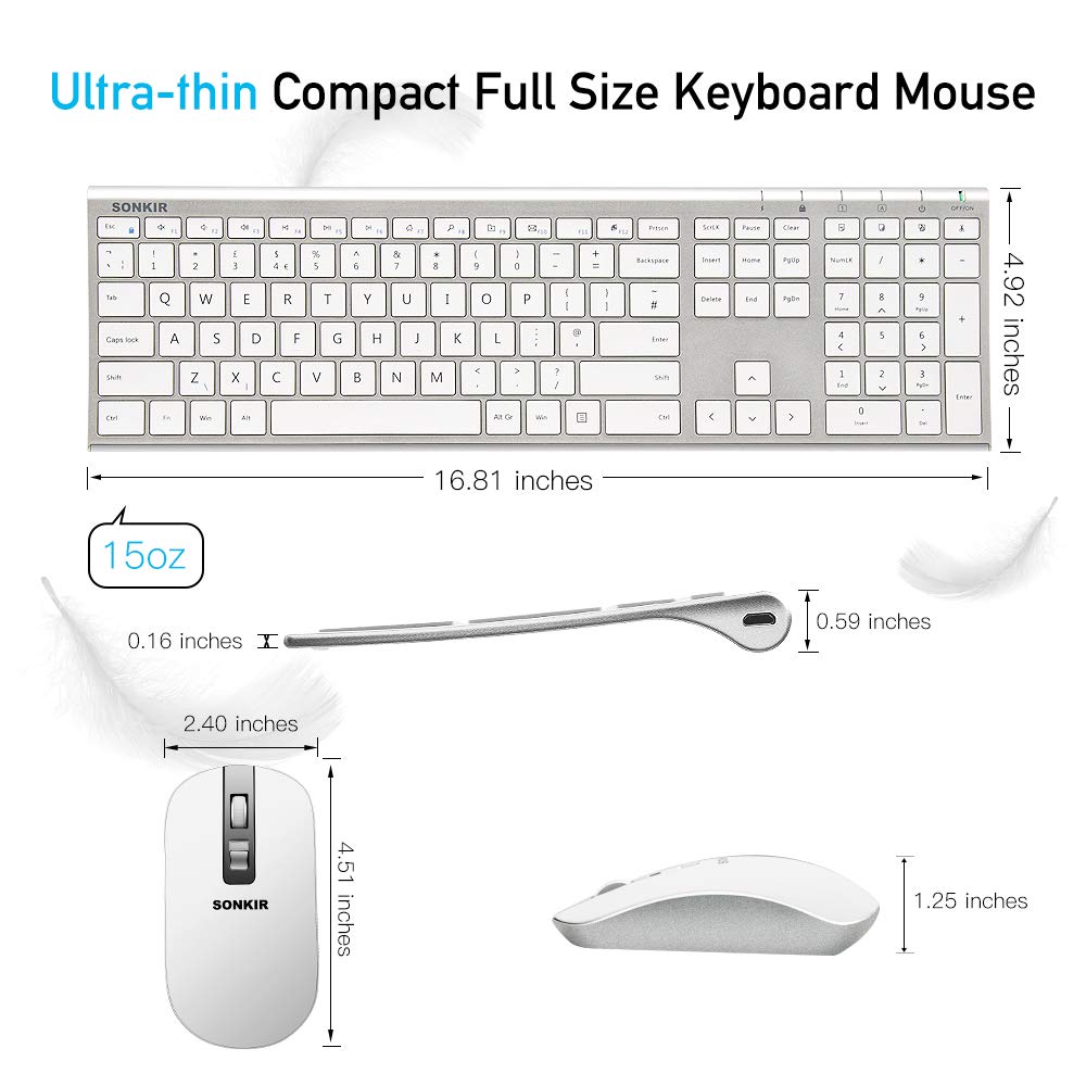 Keyboard and Mouse, Sonkir K-18 2.4GHz Ultra Thin Rechargeable Aluminum Full Size Wireless Keyboard Mouse Set for Windows, Laptop, PC, Notebook (Silver)
