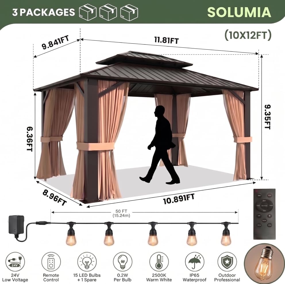 10x12 Hardtop Gazebo with Double Roof, Steel Frame, Curtains & LED Lights image 9