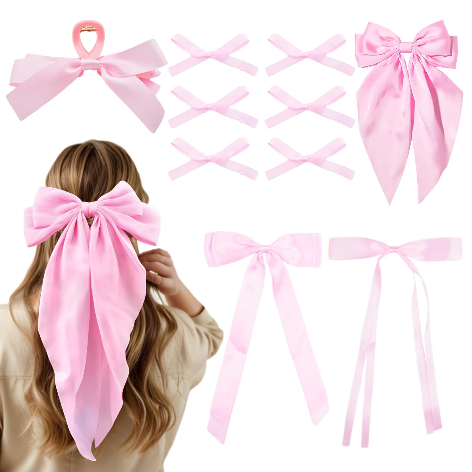 Photo 1 of 10PCS Silk Satin Hair Bows Clips - Long Pink Ribbon Barrettes for Women Girls Teens,Cute Aesthetic Hair Accessories Variety Pack,Large No-Slip Grip Bowknot Hair Clips for Gift