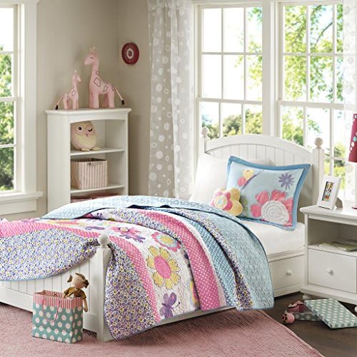 Girl's pastel colors butterfly and flowers coverlet set with decorative flower pillow (Full)
