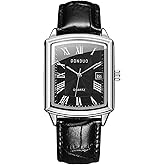 Lancardo Elegant Rectangular Mens Watch: Quartz Black Leather Strap Black Dial with Calendar Office Business Casual Valentines Day