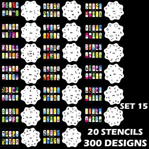 Custom Body Art Airbrush Nail Stencils - Design Series Set # 15 Includes 20 Individual Nail Templates with 15 Designs each for a total of 300 Designs of Series #15