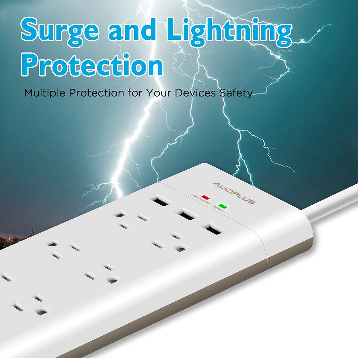 Power Strip with USB, AUOPLUS Grounded Surge Protector with 8 Outlets and 3 USB Ports[Flat Plug/Wall Mountable] 6FT Extension Cord, Desktop Charging Station for Computer Laptops Smartphone Home Office: Electronics