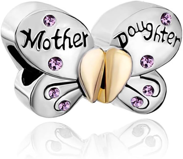 Uniqueen 1Pair Butterfly Mother Daughter Birthstone Crystal Heart Love Charms Beads fit Chamilia Bracelets