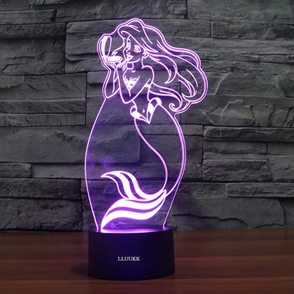 Photo 1 of Little Mermaid 3D Optical Desk Lamp Night Light LED Lamp 7 Colors Change Table Light with USB Cable for Home Decoration Household Accessories,Princess Birthday Christmas Gift for Kids or Adult