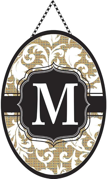 Magnolia Garden Monogram Letter M Shield with White Filigree on Burlap 18 x 13 Oval Chain Rope Door Banner