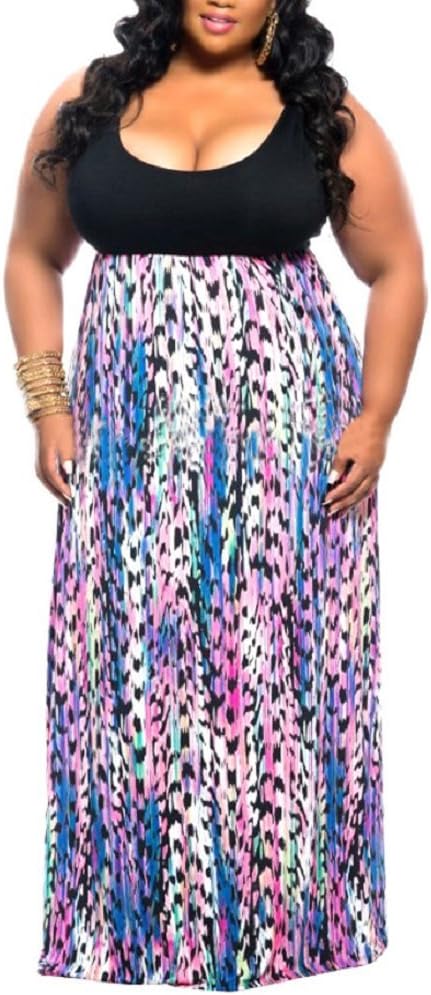 WearLove Women's Plus Size Scoop Neck Sleeveless Tank Top Chevron Zig Zag Stripe Maxi Dress