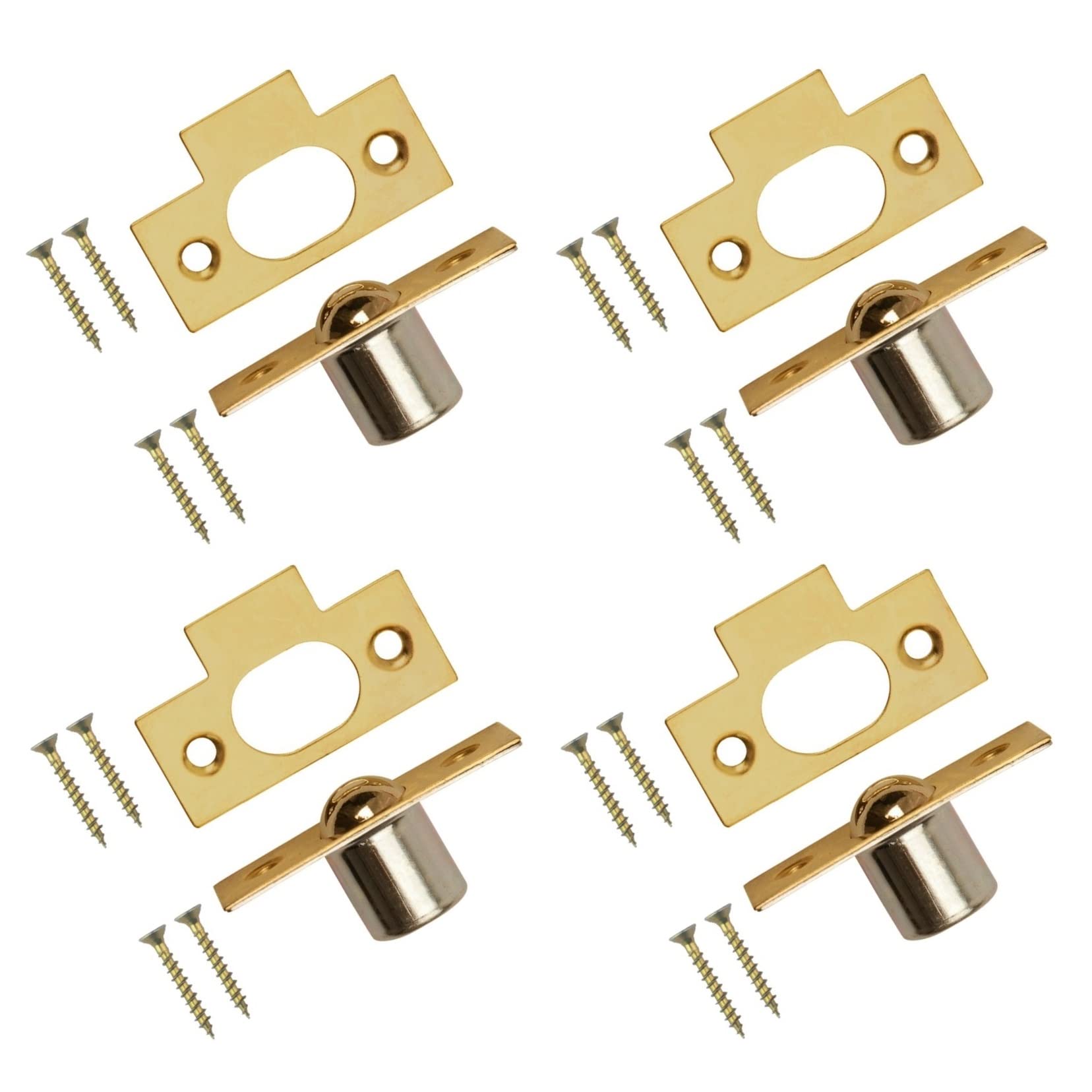 TERF® 16mm Polished Brass Bales Tubular Ball Cupboard Cabinet Door Roller Catch Latch 16mm Door Closer Ideal Internal Door Catch for Cupboards Cabinets Wardrobes Doors With Fixing - Pack of 4