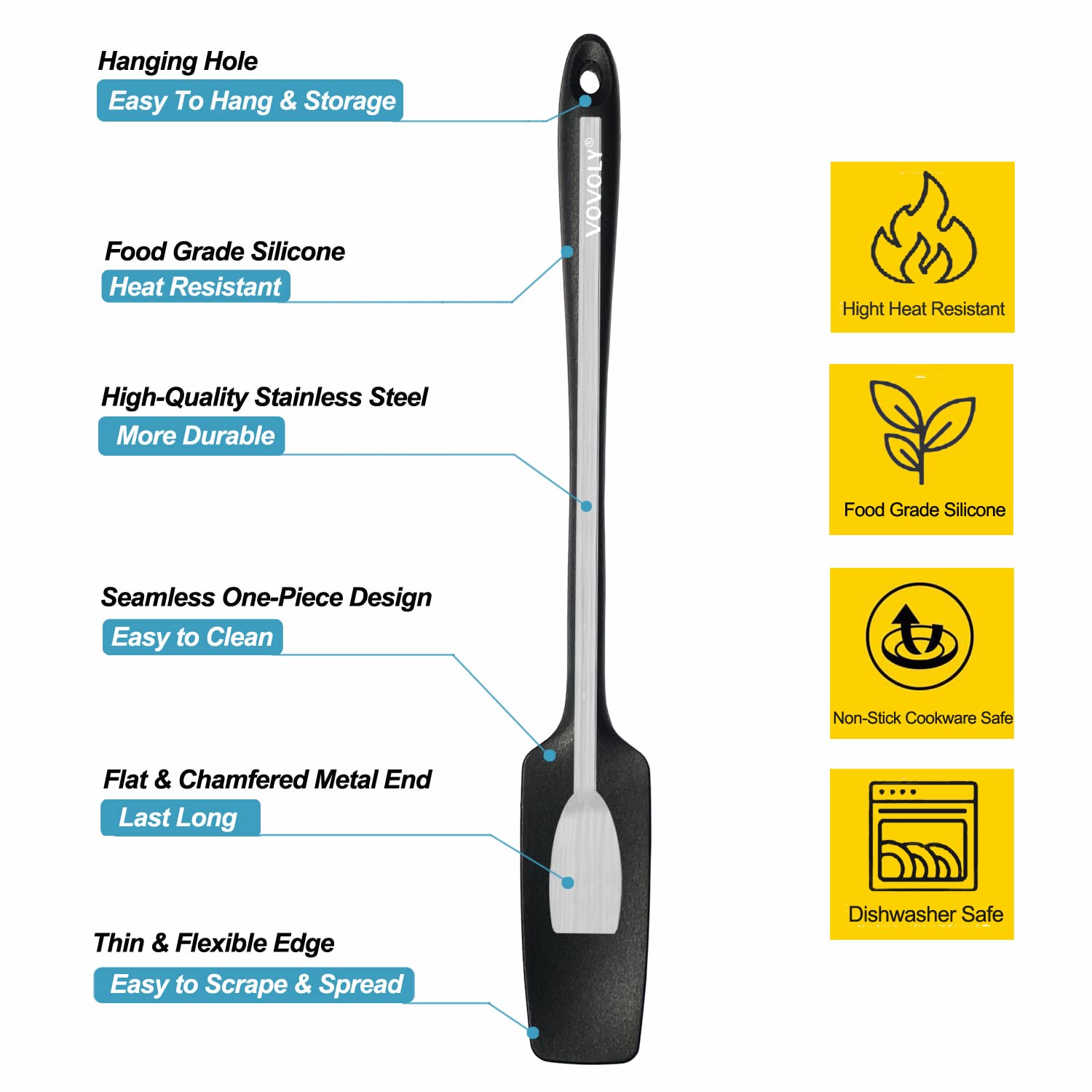 VOVOLY Silicone Jar Spatulas, Long Handle Jar Spatulas, 600ºF Heat Resistant Small Spatula, Seamless Design, Stainless Steel Core, BPA Free Spoonula (3, Mixed)