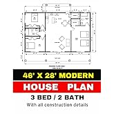 46' x 28' Modern House Plan: 3 Bedroom & 2 Bathroom: With all Construction Details