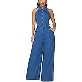 Sunlips Women fashionable, sexy, elegant, high waisted, wide leg pants, club business party button Denim jumpsuit