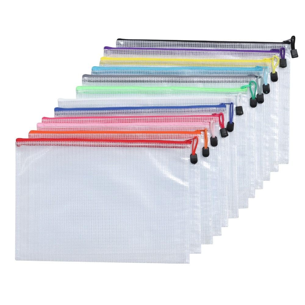 Risedot 12 PCS A4 Mesh Zipper Bag, File Bag Waterproof File Bag, for Office Exams, Large Capacity Zipper Bag