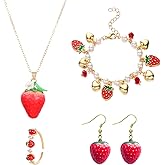 NIQIPOK Strawberry Cherry Jewelry Set 3D Simulation Strawberry Cherry Earrings Halloween Strawberry Cherry Necklace Bracelet Set Red Cherry Earring Fruit Charm Halloween Accessories