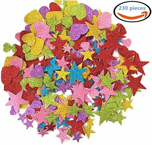 230 pieces Foam Glitter Stickers, Self Adhesive Star and Mini Heart Shapes Stickers Decorative Sticker for DIY Craft Ornament Assorted Color