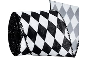 TONIFUL 2.5 Inch Black and White Plaid Check Burlap Wired Ribbon, Harlequin Ribbon for Gift Wrapping, Wreath Bows Making, Cra