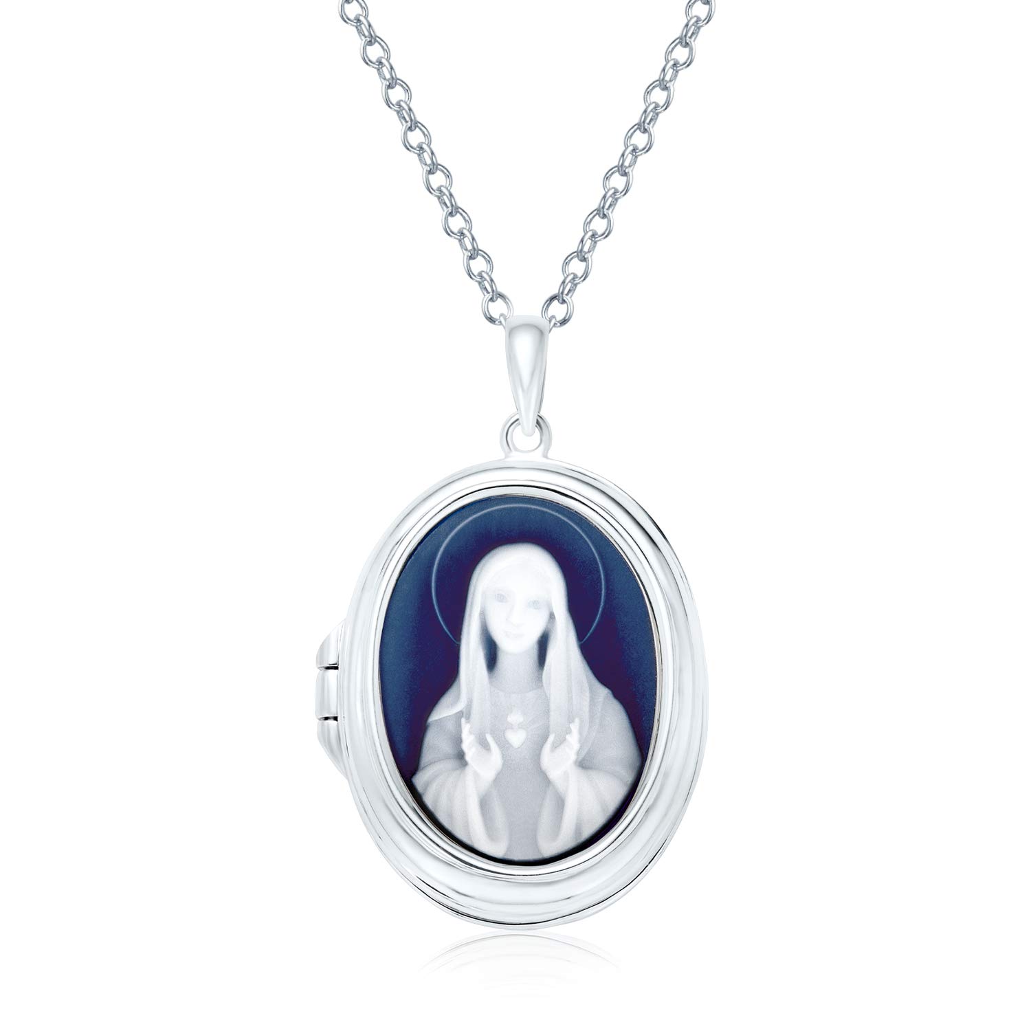 Personalized Holds Picture Vintage Antique Style Simulated Blue Agate Our Lady Of Guadalupe Blessed Madonna Oval Virgin Mary Cameo Photo Locket Pendant Necklace For Women .925 Sterling Silver