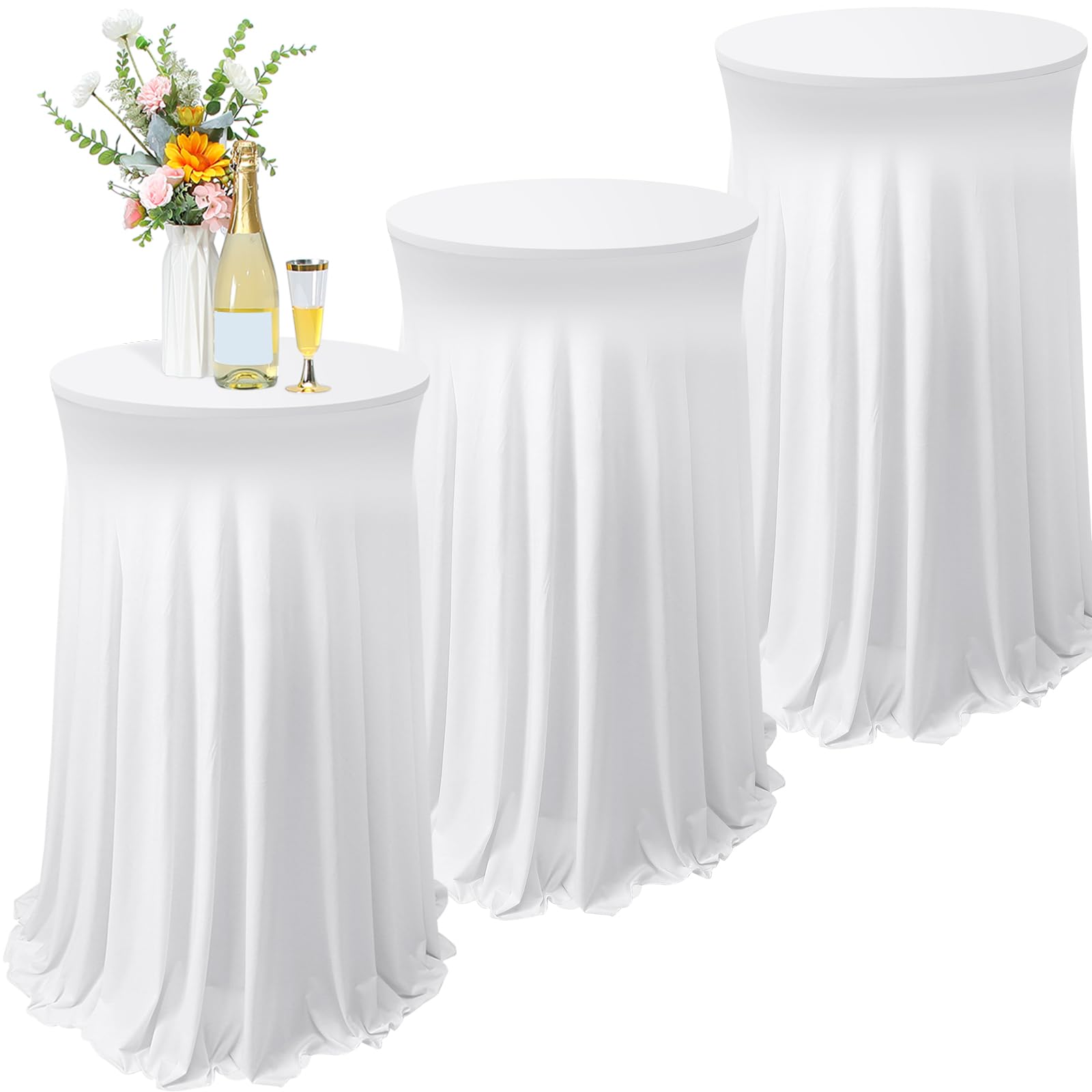 Photo 1 of Tegeme 3 Packs 32 x 43 Inch Round Spandex Cocktail Tablecloths with Skirt Cocktail Round Table Cover Spandex Stretch Tablecloth for Fitted High Top Table Bar Wedding Party Banquet (White)