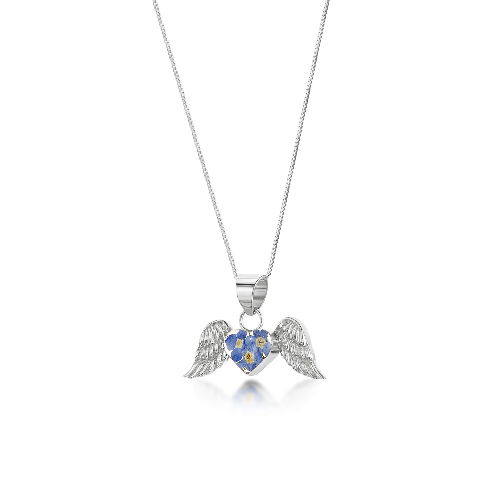 Shrieking Violet 925 Sterling Silver Heart Angel Wings Real Flower Pendant Necklace - Forget-Me-Not (Blue)