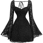 GORGLITTER Women's Lace Bell Long Sleeve Gothic Mini Dress Goth Festival Y2K Sweetheart Neck Sexy Fall Bodycon Dresses