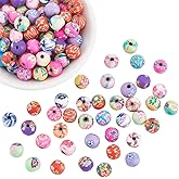 PONABEADIY 1 Box 120PCS Round Floral Beads with Hole Flower Pattern Handmade Polymer Clay Colorful Random Smooth Loose Spacer Bead Bulk for Jewelry Making Necklace Bracelet Adult DIY Crafts Supplies