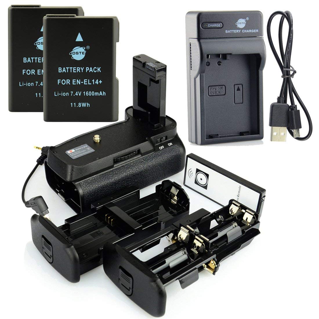 DSTE IR Remote MB-D31 Battery Grip + 2x EN-EL14 Battery + USB Charger for Nikon D3100 D3200 D3300 D5300