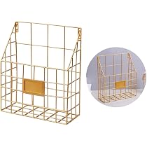 Hanging Wall File Rack - Metal Mesh Magazine Holder & Organizer For Office Or Home, Space-Saving Wall Mount (Gold)