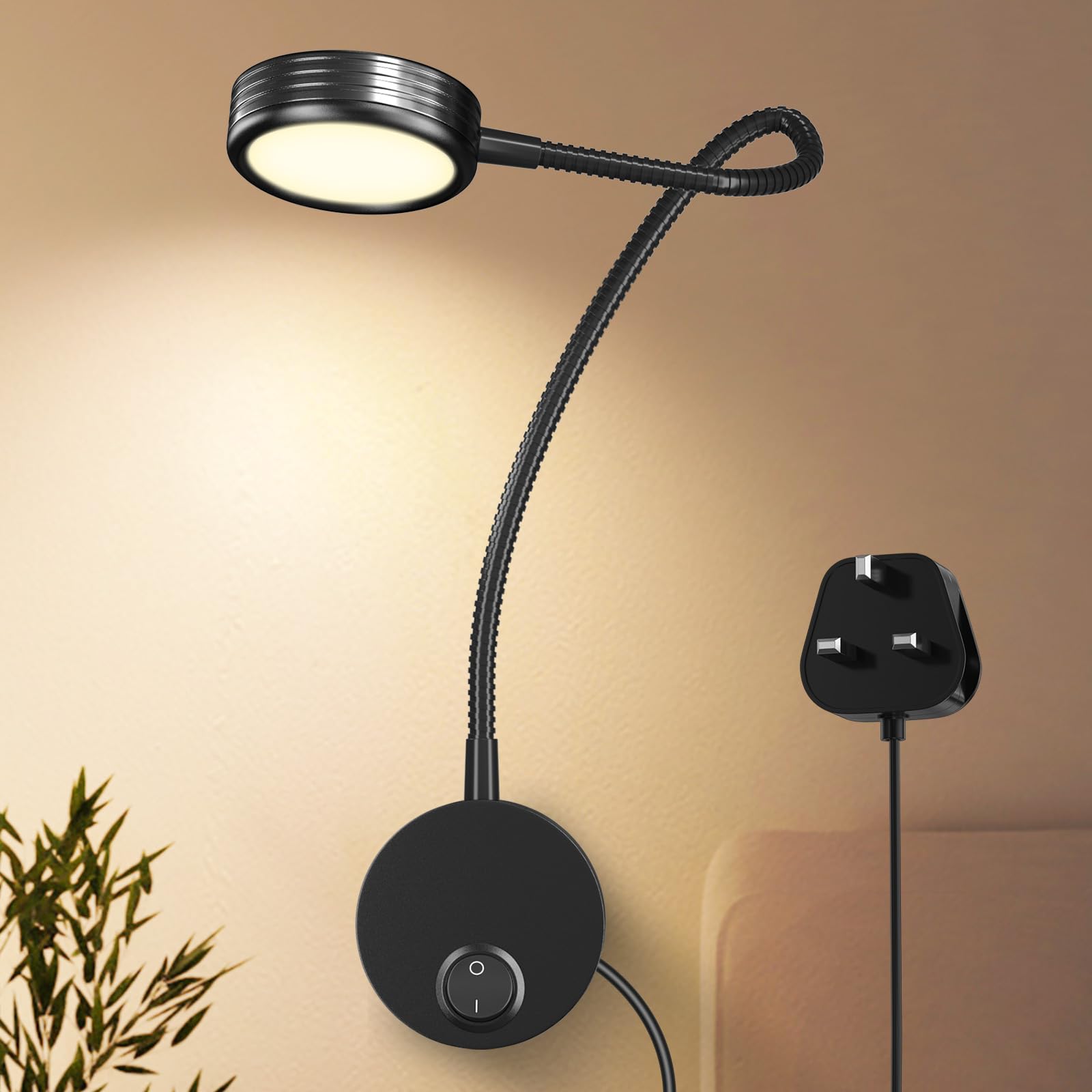 Bonlux Flexible Gooseneck LED Wall Reading Light, 5W Wall Mounted Bedside Reading Lamp Warm White 3000K with Plug & Switch for Bedroom, Office, Workbench, Studio, Hotel