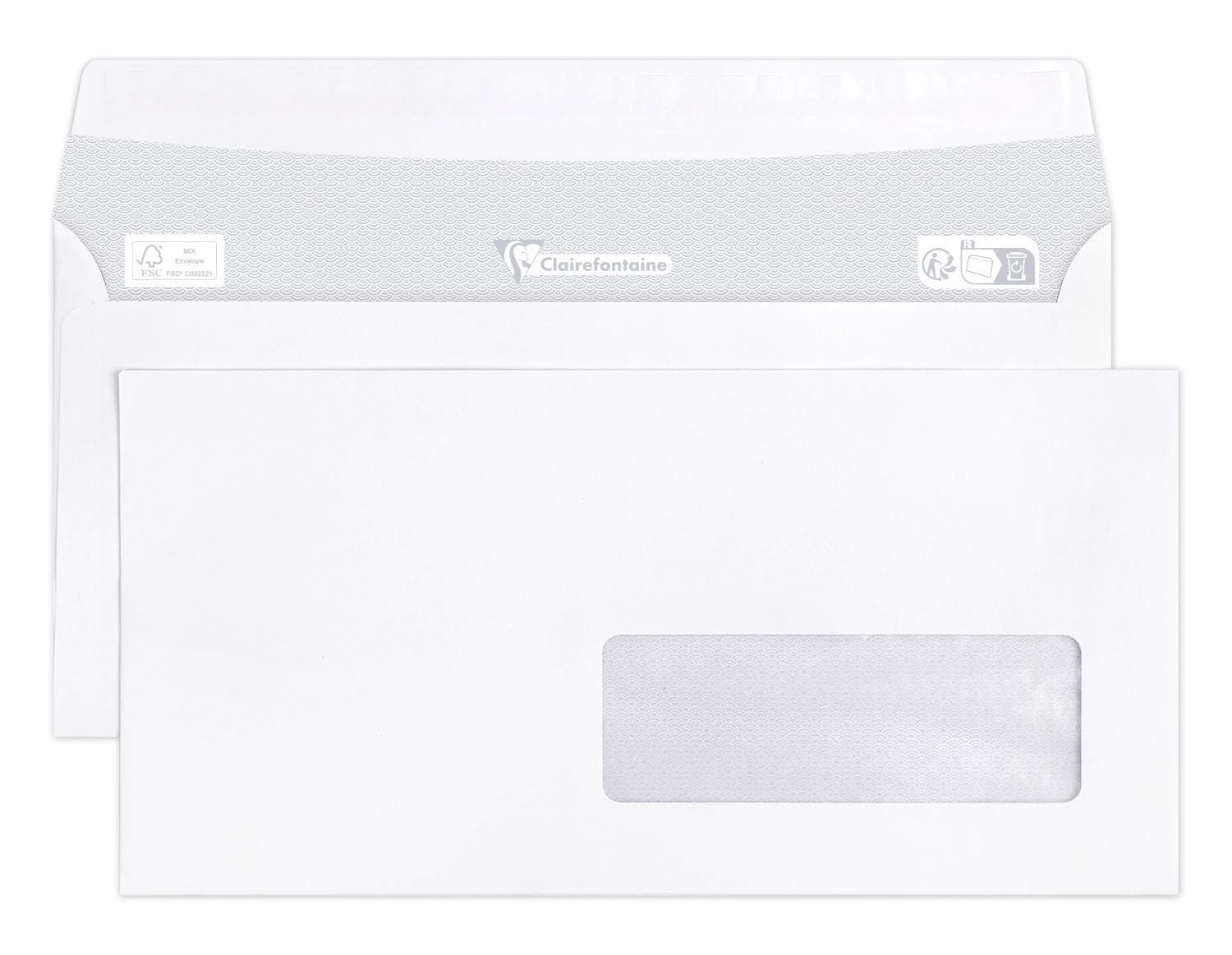 Clairefontaine 10905C - Box of 500 White Envelopes - DL - 110x220mm - Self-adhesive - 90g/m² - Window Crystal Paper - 35x100 (position 20/20) - Mailing