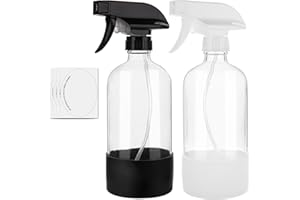 hmaimas Glass Spray Bottles for Cleaning Solutions, 16oz Reusable Clear Empty Mist Spray Bottle with Silicone Sleeve for Hair, Plants and Essential oils 2 Pack