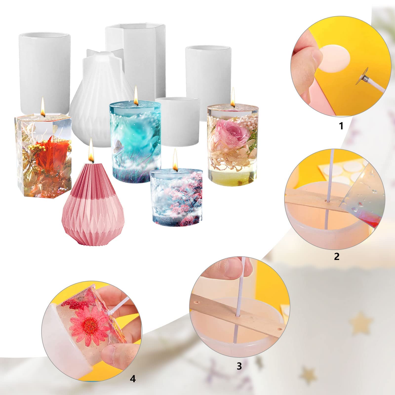 5Pcs Silicone Candle Mould Set,Hexagon Pillar/Cylinder/Pear Shape Candle Casting Moulds with 20 Candle Wick & Wicks Stickers + 2Pcs Candle Wick Holder for DIY Wax Candles Soap Crafts