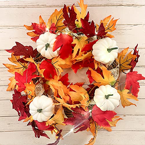 HiPatio Artificial Pumpkins Decoration,12 Pcs Harvest Fall White Pumpkins Fake Foam Pumpkins with 30 Pcs Maple Leaves 1PC String Lights for Autumn Decor Wedding Halloween Thanksgiving Party Decor