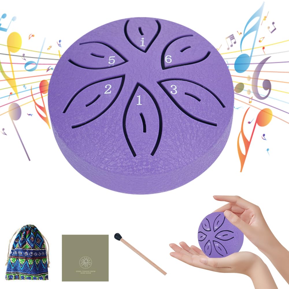 Mineup Steel Tongue Drum 3 inch 6 Notes, Mini Hand Tank Drum with Mallets and Music Book, Musical Percussion Instrument for Outside, Kids, Yoga Meditation