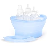 Ubbi 3-in-1 Collapsible Microwave Baby Bottle Sterilizer Wash Bin, Blue | Veggie Steamer, Reusable Silicone Steam Bag for Travel or Home Use, Fits Up to 5 Baby Bottles, Dishwasher Safe