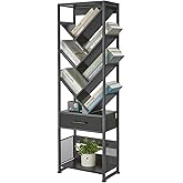 ZEXVIDA Bookshelf with Drawer,10 Tier Tree Bookcase Retro Floor Standing Bookshelves,Tall Wood Bookcases with Cabinet Storage