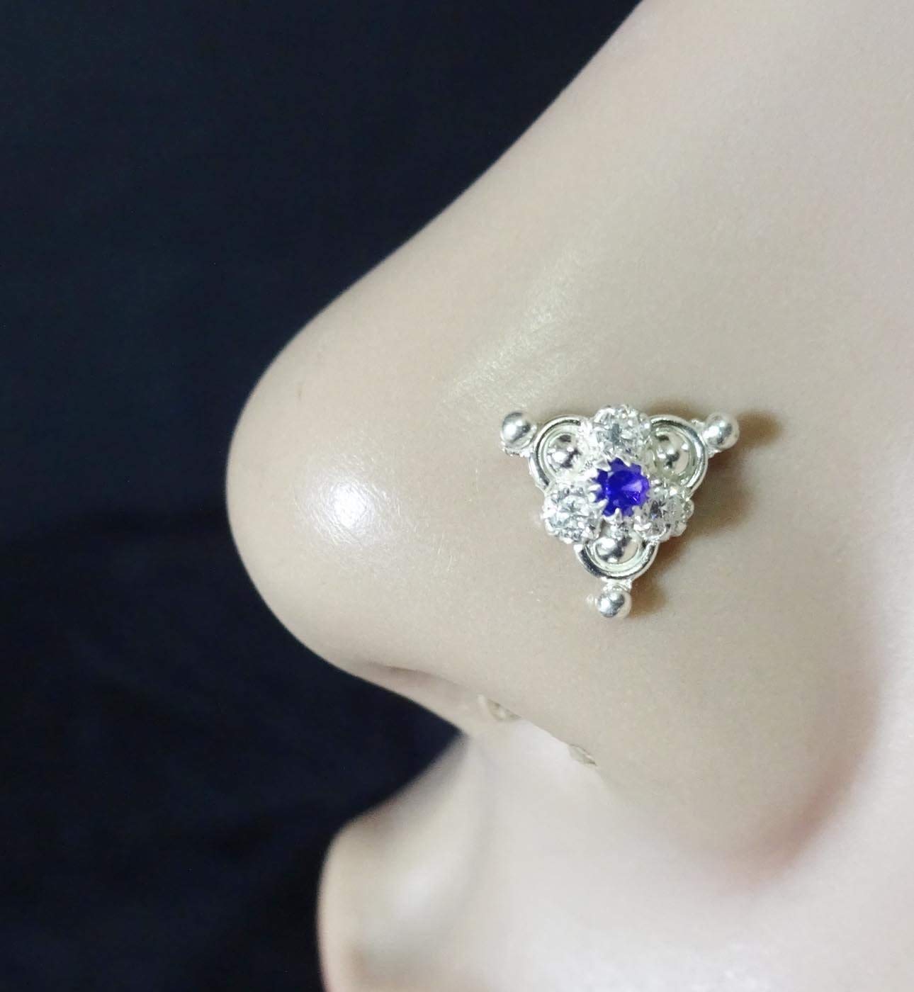 Sapphire Silver Nose Cuff,Nose Stud,L Shape Nose Piercing