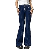 HOXIJIA Women Y2K Low Rise Flare Jeans Wide Leg Stretch Denim Pants 2000s Retro Bell Bottom Streetwear Trousers