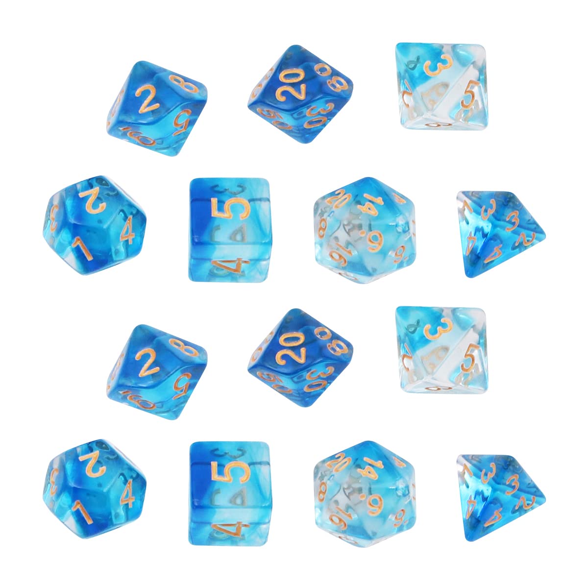 DollaTek Transparent Polyhedral Dice Set Table Games Dice 2 Sets Dice 2 x 7 (14 Pieces) Die Series D20 D12 D10 D8 D6 D4 DND dice DND RPG MTG Double Colors One Piece (Blue)
